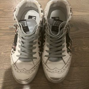 Golden Goose White Leopard Mid Star Sneakers, size 36